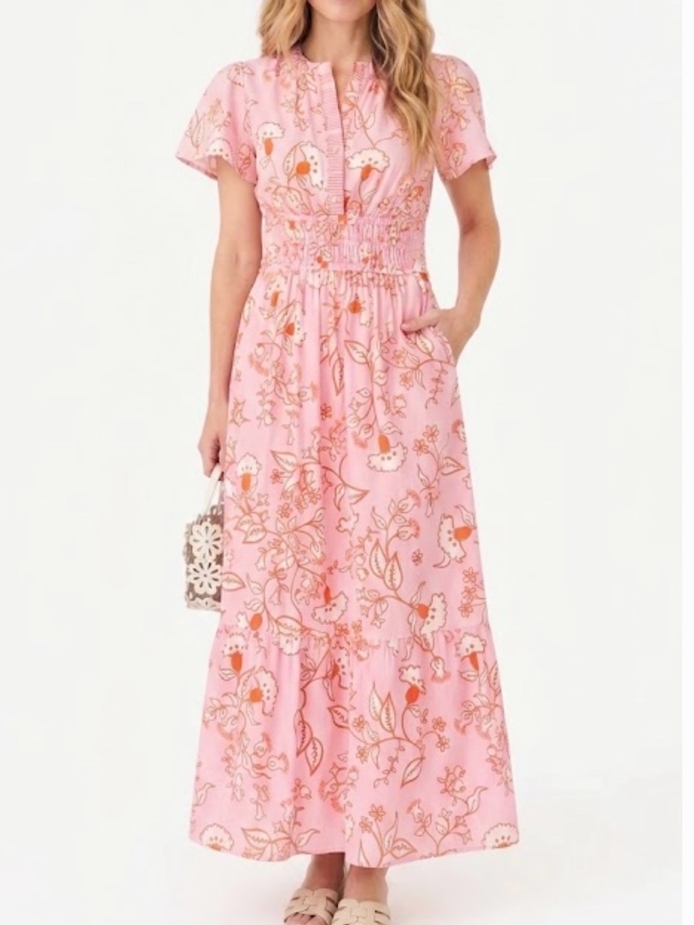 Sheridan French Elouise Maxi Dress Large Bohemian Chic Wedding Guest Pink Orange